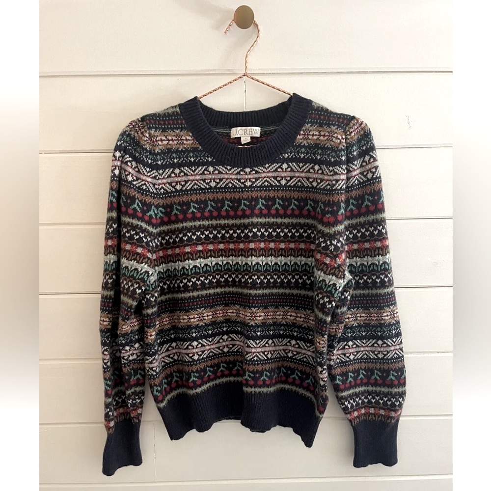 J.Crew Fair Isle Sweater Cherries Puff Sleeve Navy Blue Sz MEDIUM BM172 MINT
